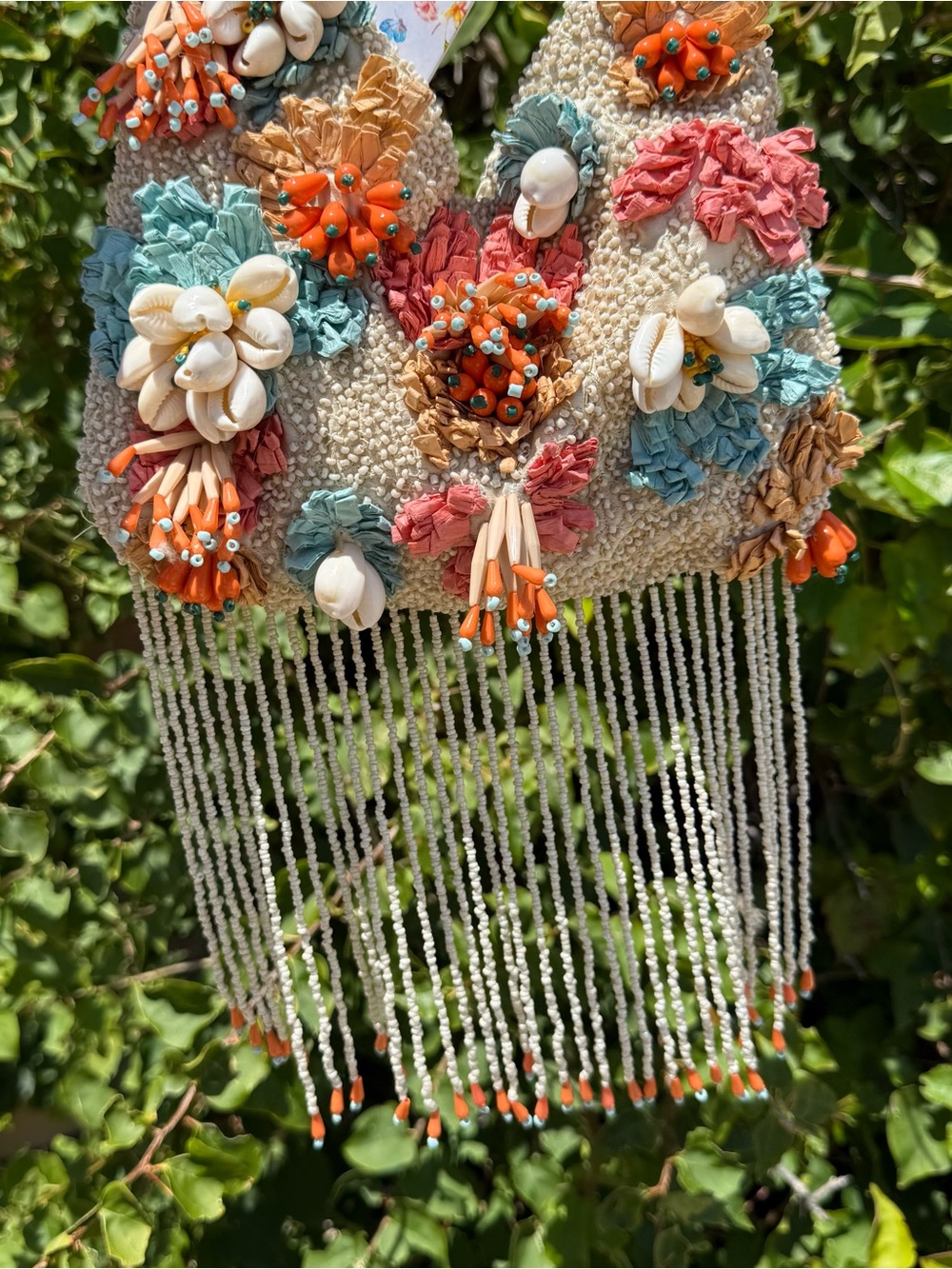 NWT Made in India Seashell Flower Floral Fringe Tassels Draped Beaded Bag